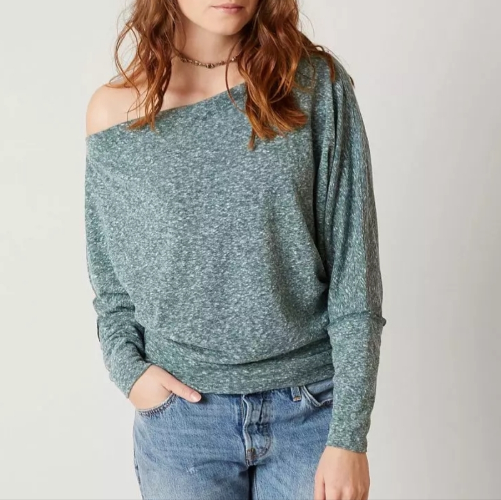 Free People Valencia Knit Top Off Shoulder Dolman Sleeves Loose Fit Teal Lrg NWT